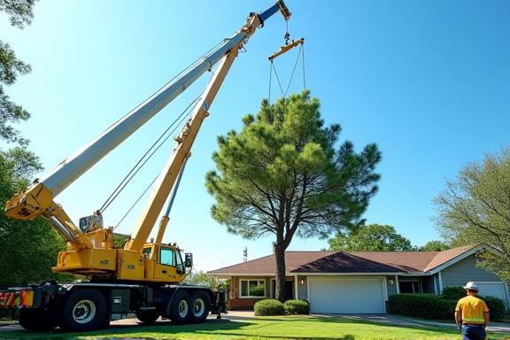 Crane removing a hazardous tree near a home
