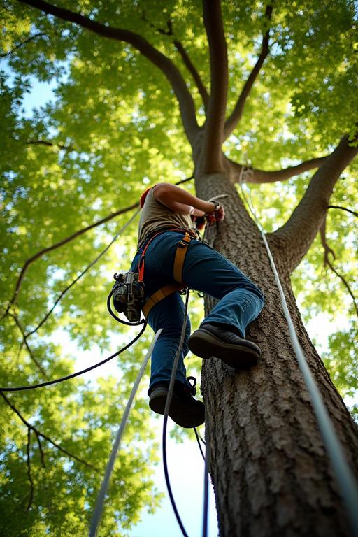 A skilled arborist safely climbing a tall tree with specialized gear
