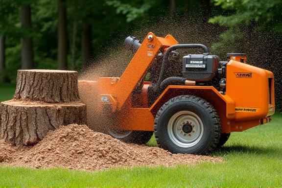 Stump grinder removing a tree stump safely